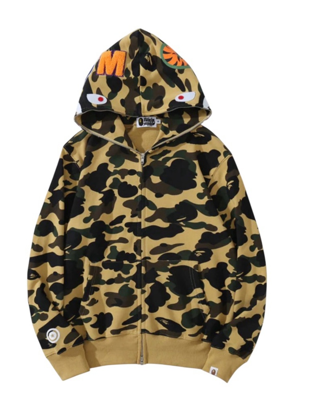 Bape Camo Shark Zip Hoodie in Green and Tan with Orange Accents